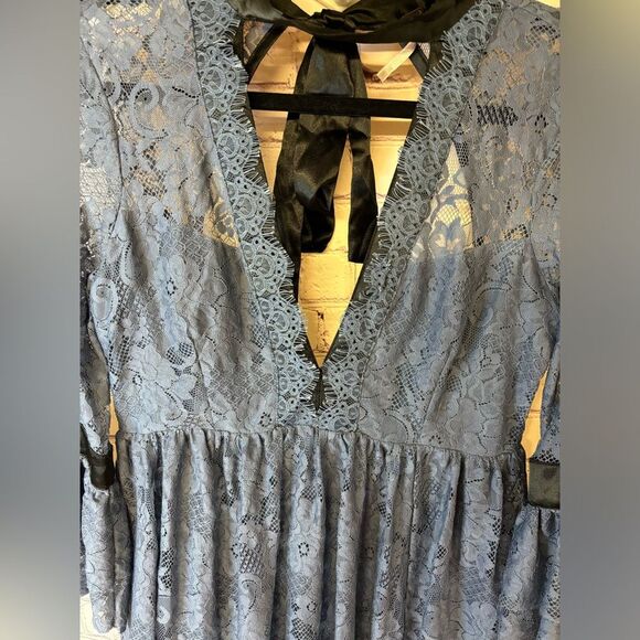 Free People Gilded Victorian Dusty Blue Black Satin Ribbon Trim Lace Dress S - Picture 2 of 16